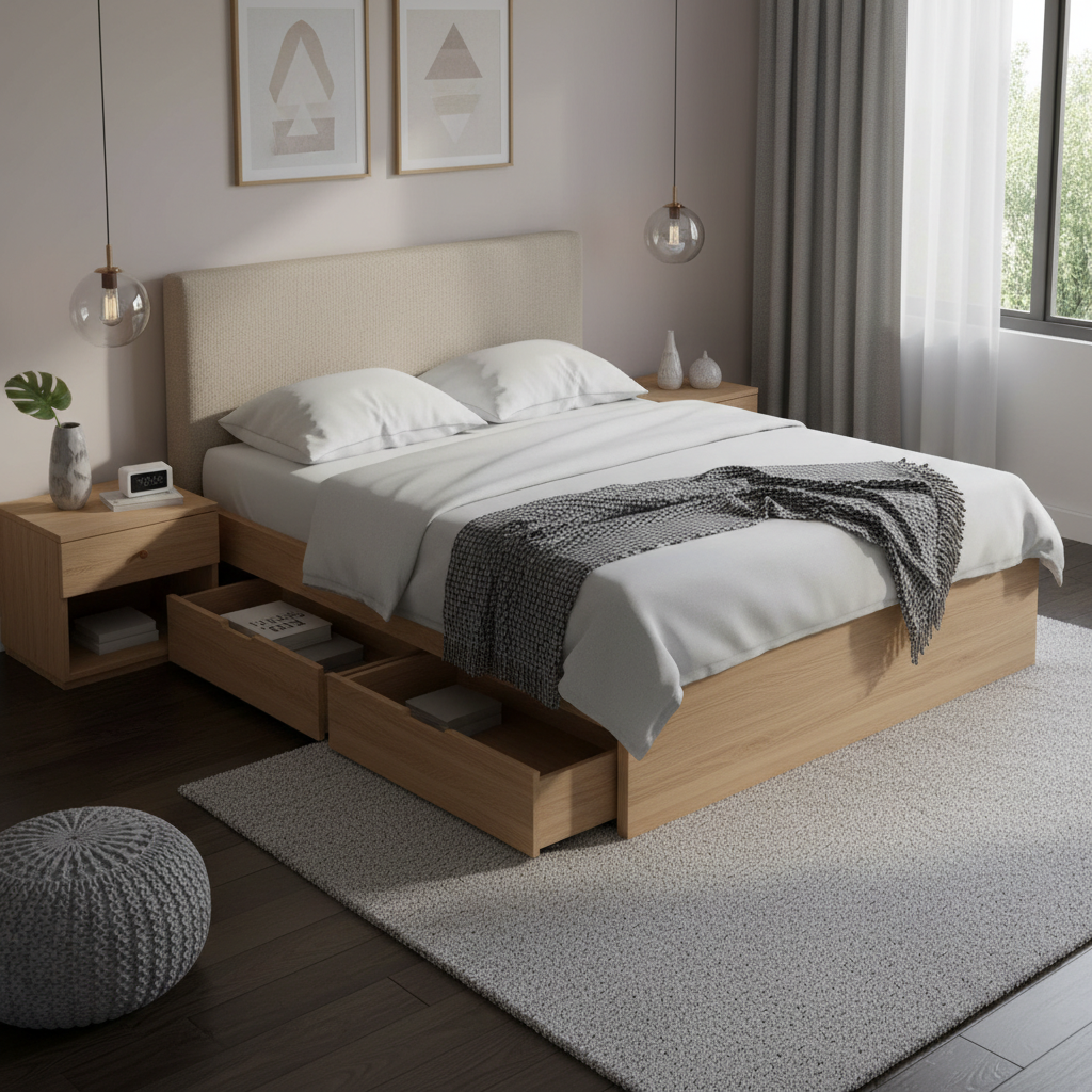 Contemporary Storage Bed with Upholstered Headboard